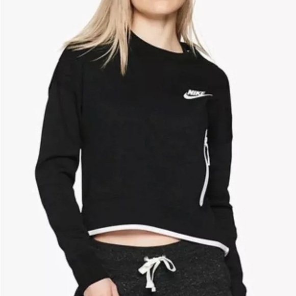 Nike Wmns Tech Fleece Crew Sweatshirt BLACK White Women Sport Small - Picture 1 of 13
